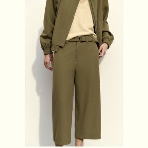 ZARA NWT High Rise Cropped Olive Green Wide Leg Belted Pants